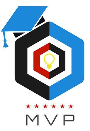 A hexagonal logo with segments in blue, black, and red encircling a yellow light bulb. Above is a blue graduation cap; below are five red stars and the letters MVP.